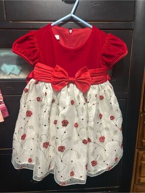 Bonnie Baby Red Velvet Bodice with Ivory Floral Skirt Dress